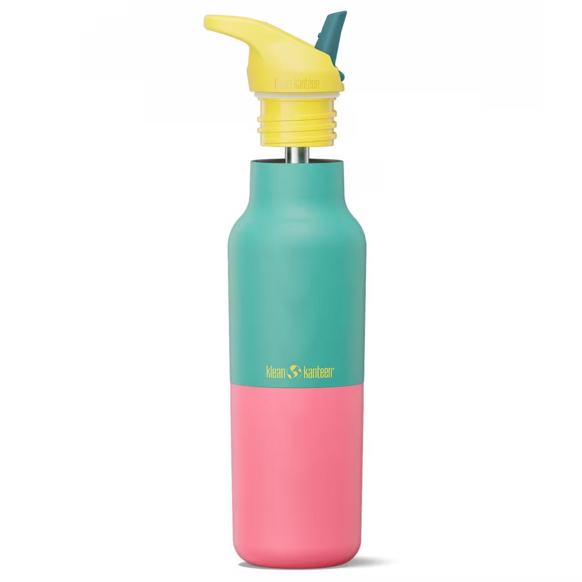 Klean Kanteen drikkeflaske 473 ml i turkis og rosa med gul kork i rustfritt stål