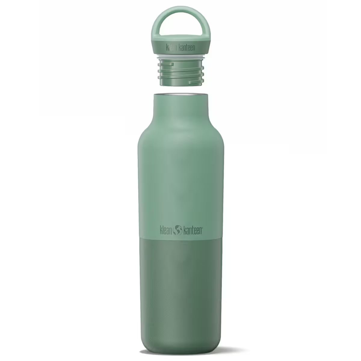 Klean Kanteen termoflaske 592 ml Iceberg grønn i rustfritt stål, med lokket løftet av flasken