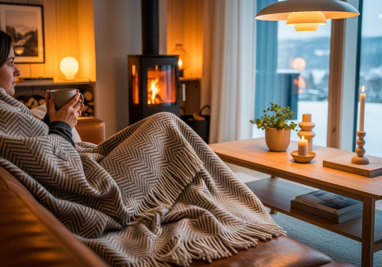 Læsø Garnspinderi ullpledd 140x240 cm i grå diagonal med frynser, i bruk på en sofa ved peisen