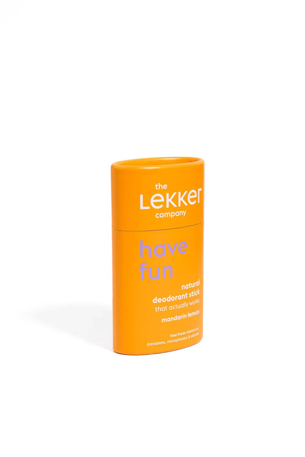 The Lekker Company Deodorant Stick Have Fun i oransje pappemballasje, sett forfra, litt fra siden