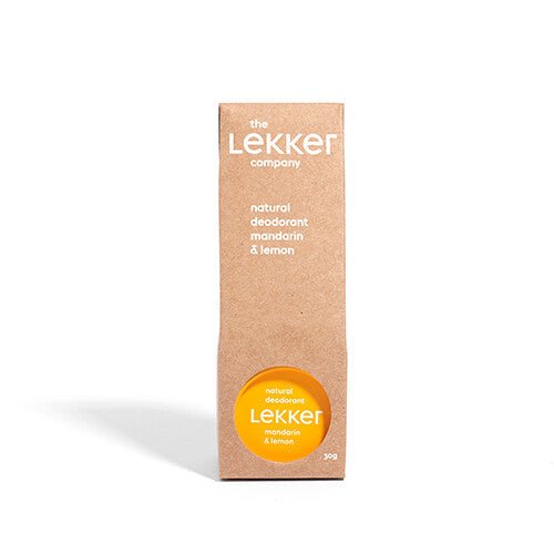 The Lekker Company deodorant Mandarin & Lemon i papphylse, sett forfra med oransje etikett