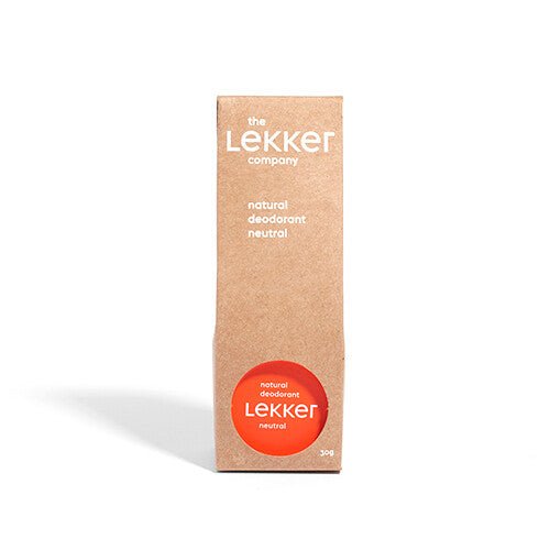 The Lekker Company Deodorant Neutral 30g oransje i pappemballasje med hvit tekst, sett forfra