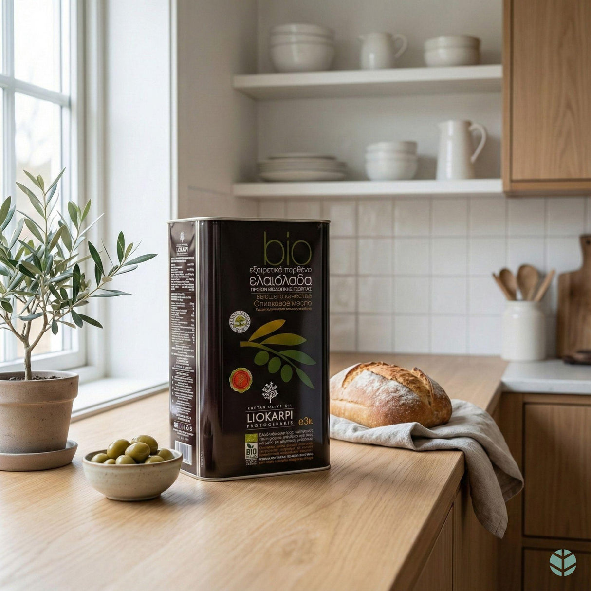 Protogerakis Extra Virgin Olivenolje 3 L i svart metallkanne på kjøkkenbenk med brød og oliven