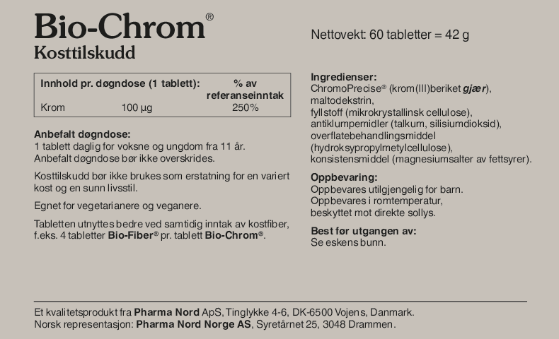 Pharma Nord Bio-Chrom ChromoPrecise 100 µg, bakside av esken med 60 tabletter og innholdsfortegnelse