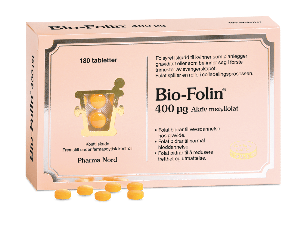 Pharma Nord Bio-Folin 400 µg, eske med 180 tabletter og gule tabletter foran