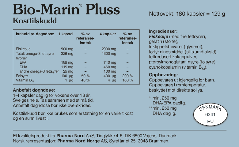 Pharma Nord Bio-Marin Pluss, bakside av esken med 180 kapsler og innholdsfortegnelse