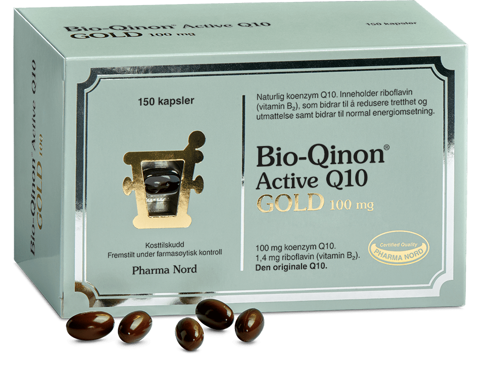 Pharma Nord Bio-Qinon Active Q10 Gold 100 mg, eske med 150 kapsler og brune Q10-kapsler foran