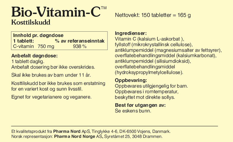 Pharma Nord Bio-Vitamin-C 750 mg, bakside av esken med 150 tabletter og innholdsfortegnelse