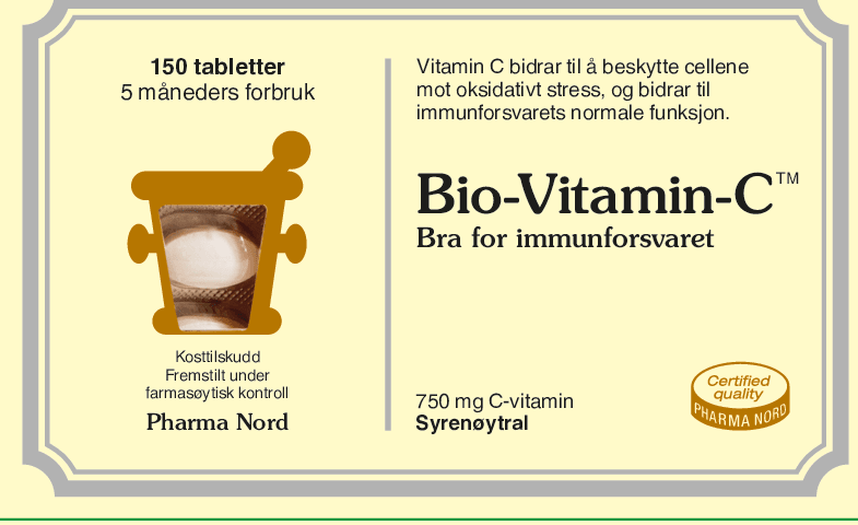 Pharma Nord Bio-Vitamin-C 750 mg, forside av gul eske med 150 tabletter