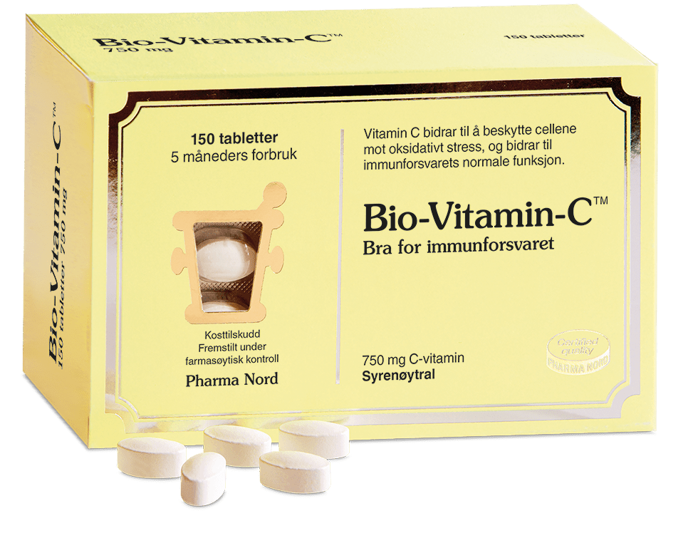 Pharma Nord Bio-Vitamin-C 750 mg, eske med 150 tabletter og lyse tabletter foran