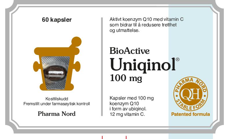 Pharma Nord BioActive Uniqinol 100 mg, forside av hvit eske med 60 kapsler