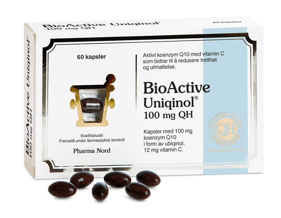 Pharma Nord BioActive Uniqinol 100 mg, eske med 60 kapsler og mørke Q10-kapsler foran
