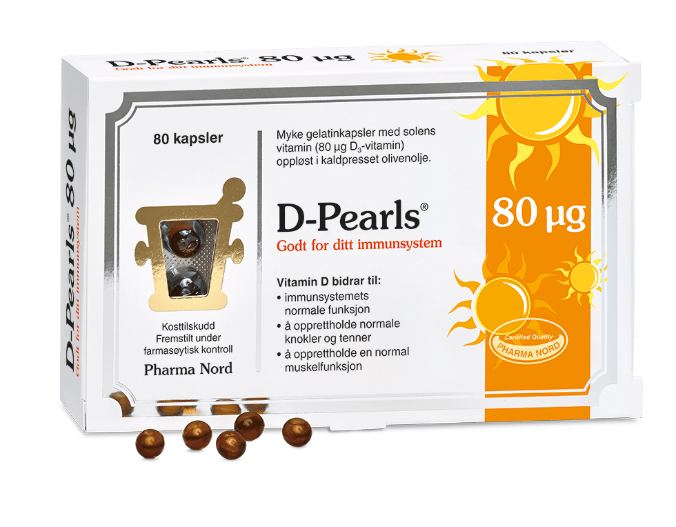 Pharma Nord D-Pearls 80 µg, eske med 80 kapsler og amberfargede D-perler foran
