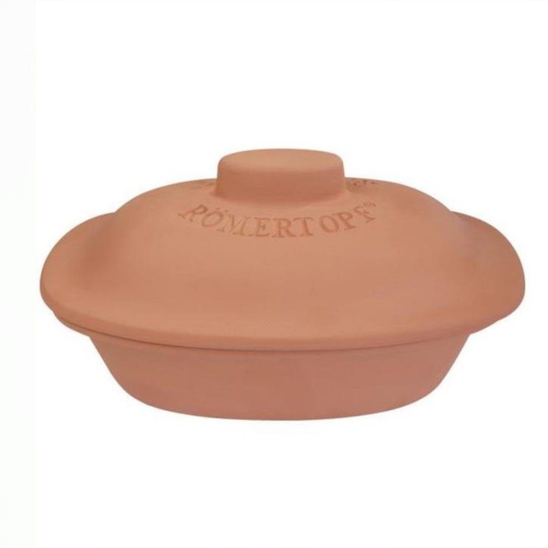 Römertopf leirgryte Trend Roaster for 4 personer i terrakotta, sett forfra med Römertopf-logo på lokket