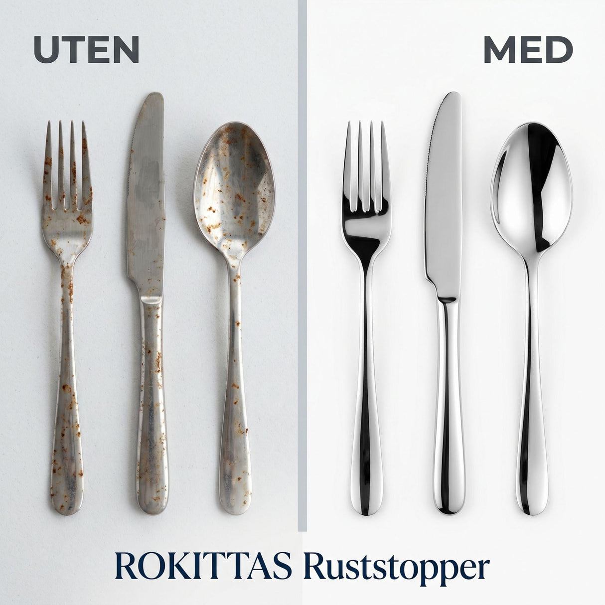 ROKITTAS Ruststopper for bestikk, gryter og panner i metall, vist før og etter bruk