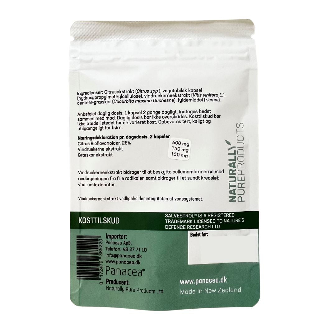 SALVESTROL Kosttilskudd Platinum 90 kapsler i hvit og grønn pose, sett bakfra med ingrediensliste