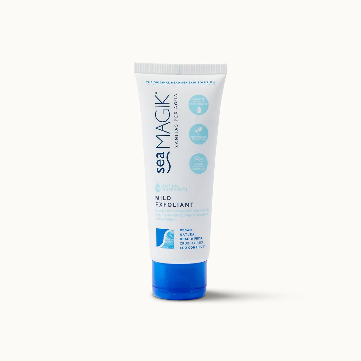 Sea Magik Mild Exfoliant 75ml i hvit og blå plast, sett forfra med produktinformasjon synlig