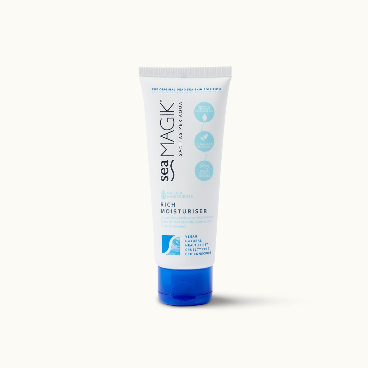 Sea Magik Rich Moisturiser 75 ml hvit i plast, sett forfra med blått lokk og tekst på tuben