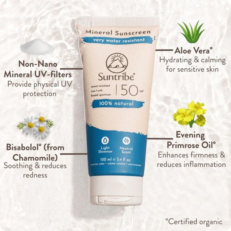Suntribe Mineral Solkrem SPF 50, 100 ml, beige og blå i tube, med ingrediensinformasjon rundt
