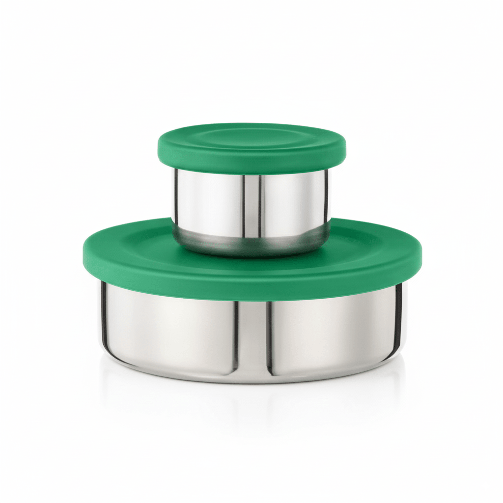 Suztain Dipp Boks Sett 50 ml + 250 ml grønn i rustfritt stål, to varianter side ved side