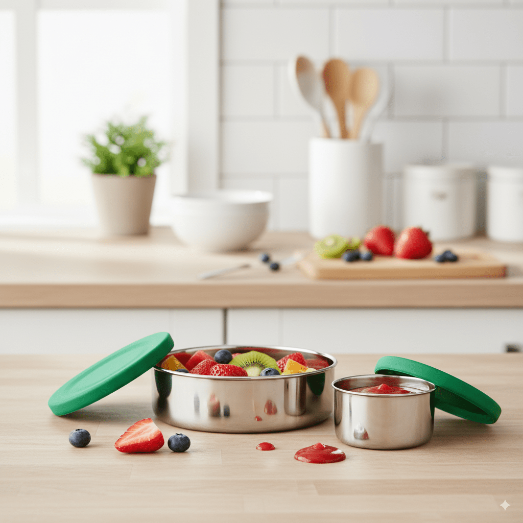 Suztain Dipp Boks Sett 50 ml + 250 ml grønn i rustfritt stål, i bruk på kjøkkenbenken
