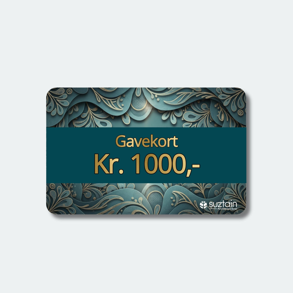 Suztain Gavekort Kr. 1000,- for alle produkter i blått og gull med Suztain-logo, sett forfra