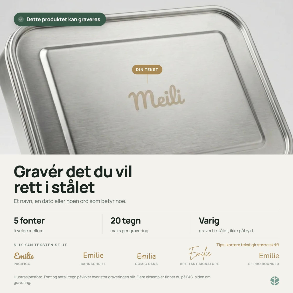 Suztain matboks med 3 rom, rosa i rustfritt stål, nærbilde av gravert tekst på lokket