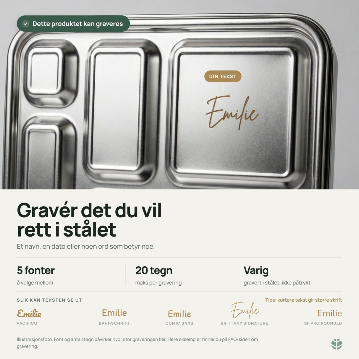 Suztain matboks med 5 rom i rustfritt stål, rosa, med graveringsalternativer og fonteksempler