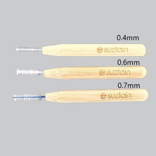 Suztain mellomromsbørster 0,6 mm i bambus med logo, sett av 10 stk for tannpleie