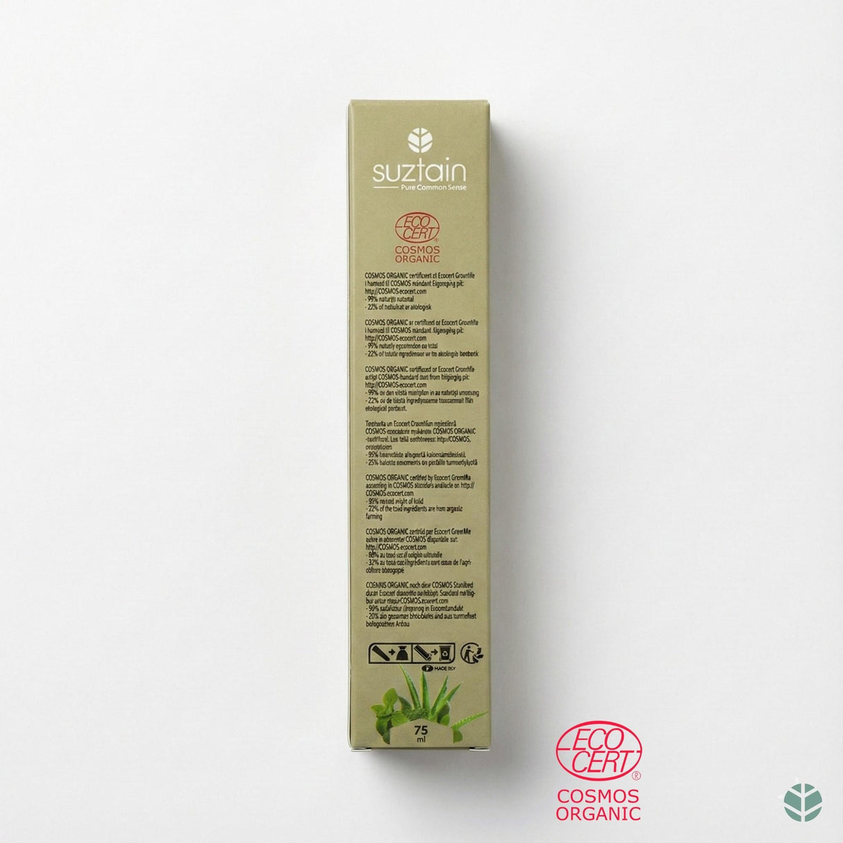 Suztain Sertifisert Økologisk Tannkrem 75ml i beige eske med ECOCERT og COSMOS ORGANIC logo