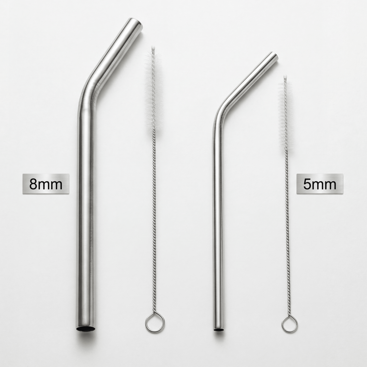 Suztain sugerør 8mm og 5mm i rustfritt stål med rengjøringsbørster, to varianter side ved side