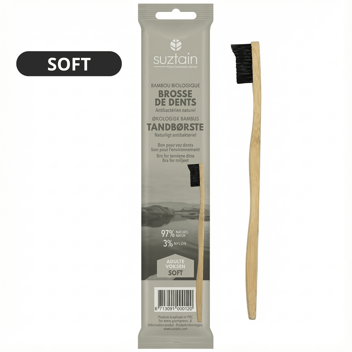 Suztain tannbørste voksen soft sort i bambus, vist i emballasje og en tannbørste utenfor