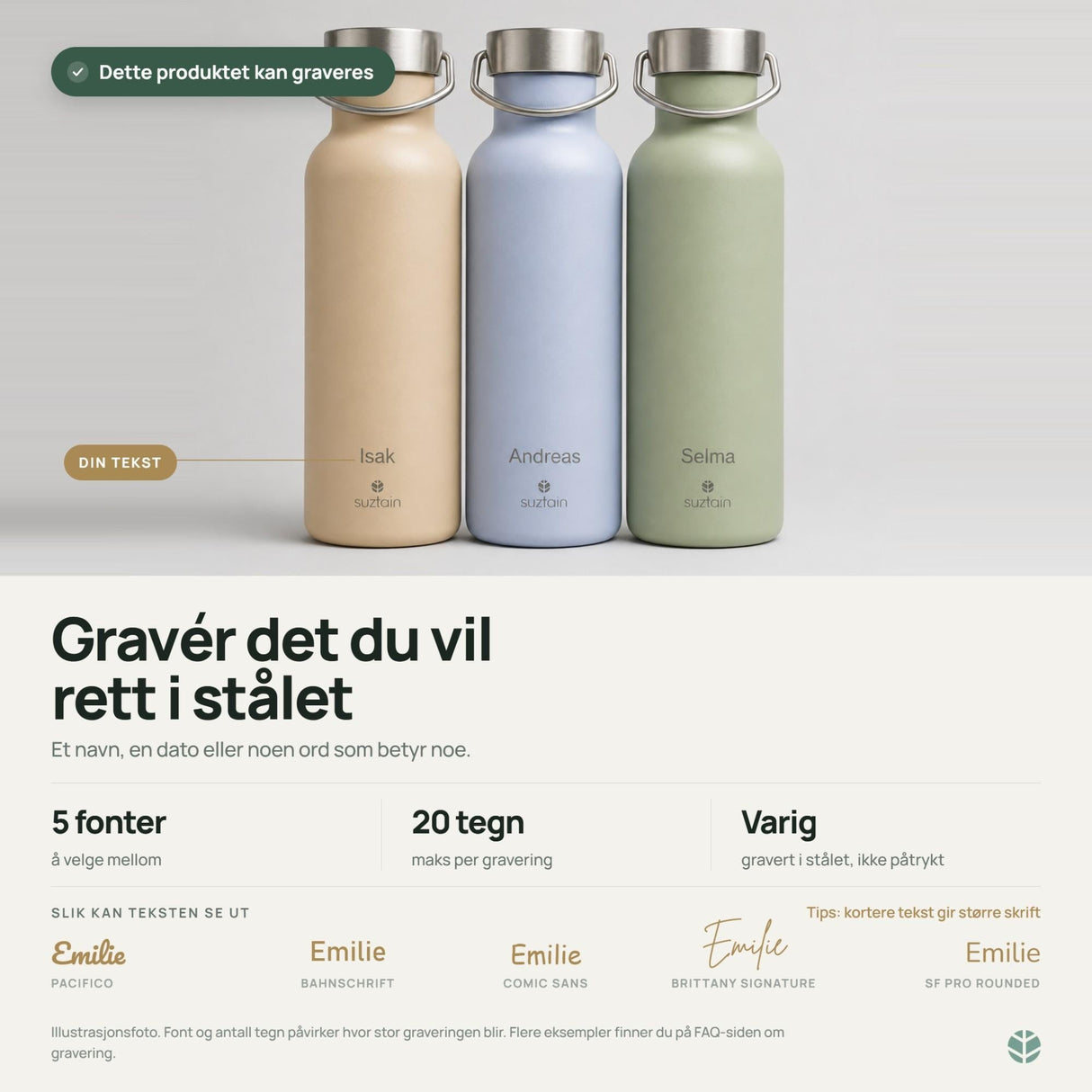 Suztain termoflaske 500 ml lyseblå i rustfritt stål, vist sammen med to andre farger for gravering