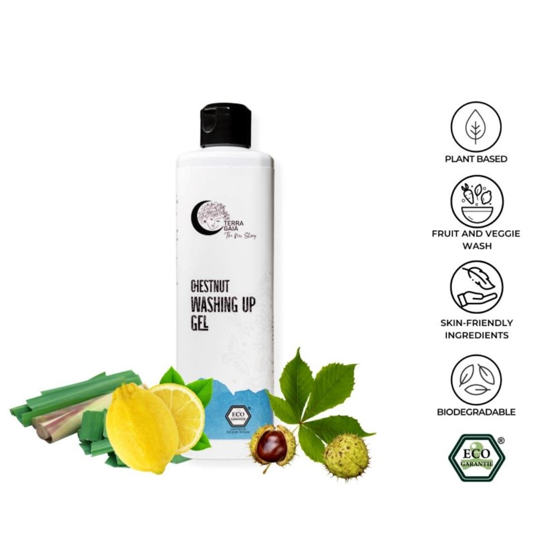 Terra Gaia oppvaskmiddel 500 ml uparfymert hvit i plastflaske, med sitron og kastanjer ved siden av