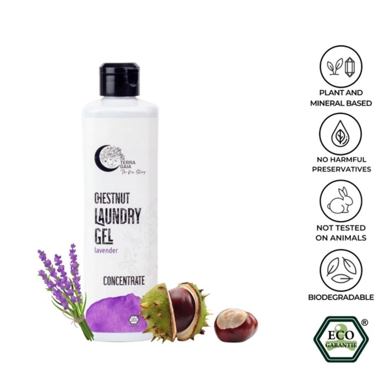 Terra Gaia vaskemiddel 500ml Lavendel i plastflaske, med lavendel og kastanjer og ikoner