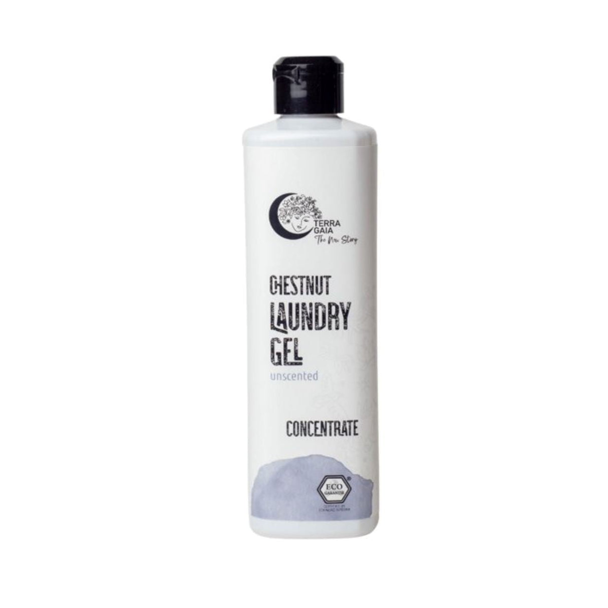 Terra Gaia vaskemiddel 500ml uparfymert i hvit plastflaske med svart kork, sett rett forfra