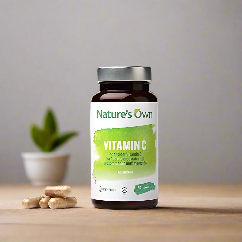 Nature’s Own Vitamin C (60 kapsler) i brun glassflaske, basert på skånsomt tørket acerola-kirsebær for naturlig, vegansk C-vitamin og bærekraftig næringsstøtte.
