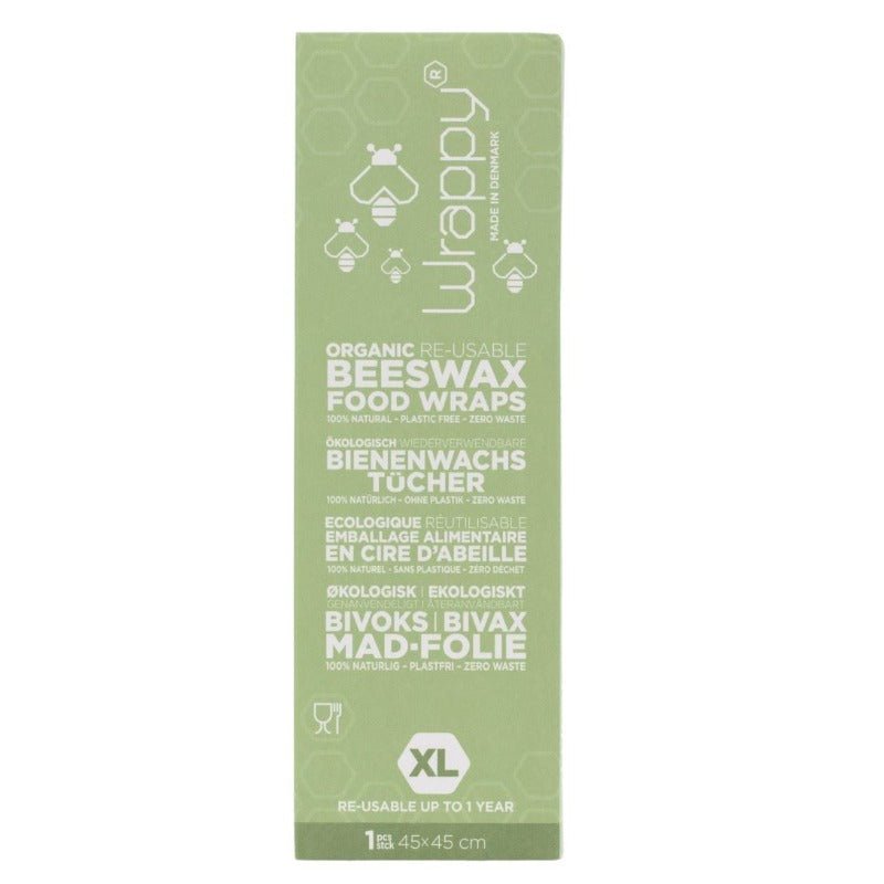 Grønn pakke med Wrappy Bivokspapir i XL-størrelse (45 x 45 cm). Gjenbrukbar, økologisk matoppbevaring laget av bivoks, harpiks og jojobaolje. Perfekt for store gryter og brød, reduserer plastavfall.