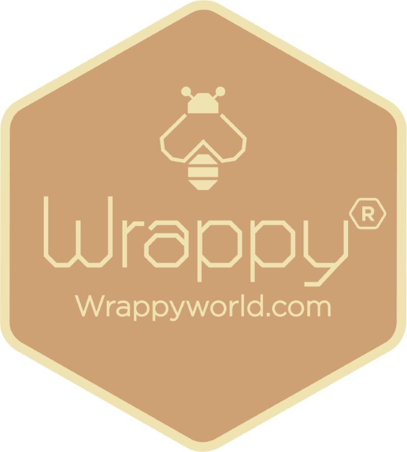 Wrappy Bivokspapir logo i brun og beige med bikube-design og nettadresse.