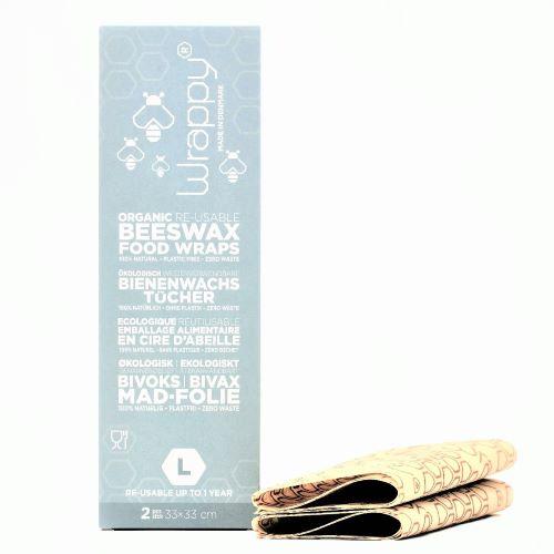 Wrappy Bivokspapir Large 2 stk i beige mønster ved siden av blå emballasje med tekst