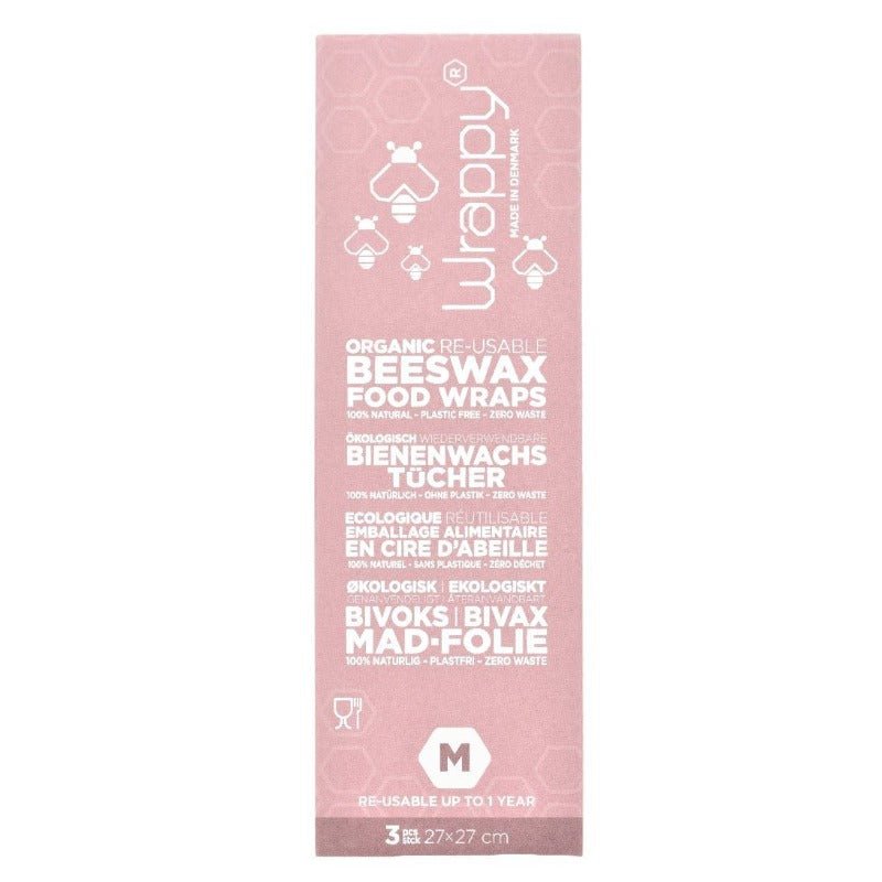 Rosa pakke med Wrappy Bivokspapir i medium størrelse (27 x 27 cm), 3 stk. Gjenbrukbar, økologisk matoppbevaring som holder maten fersk og reduserer plastavfall.