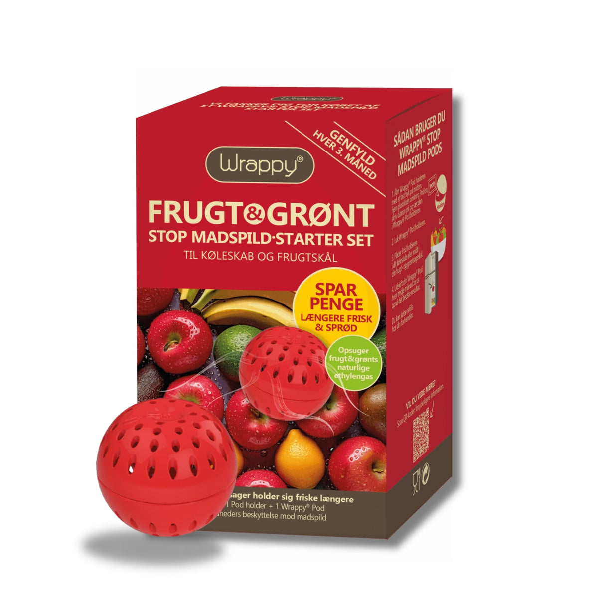 Wrappy Matinnpakning & friskhet Pods, rød pod og eske med fruktmotiv, sett fra siden