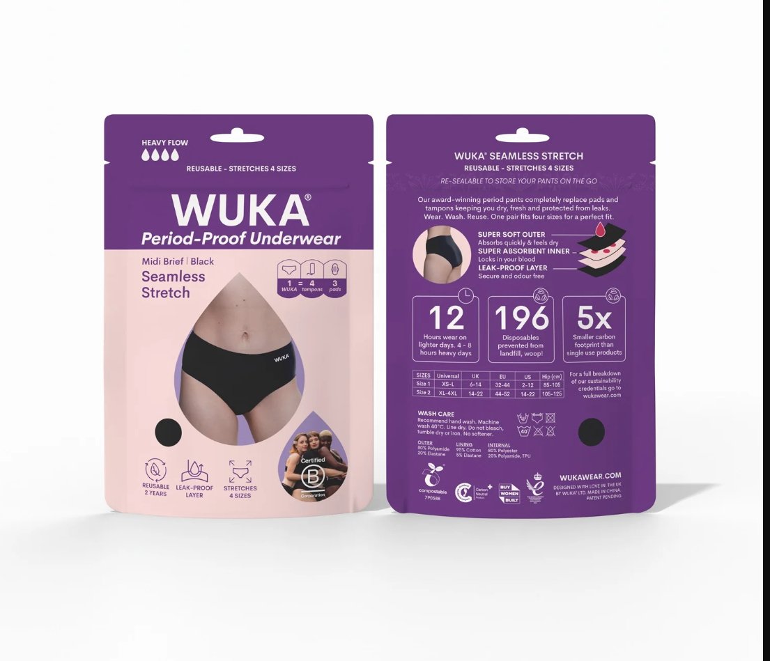 Wuka Stretch Seamless Midi Brief Heavy Flow i svart tekstil, vist i emballasje med produktinformasjon