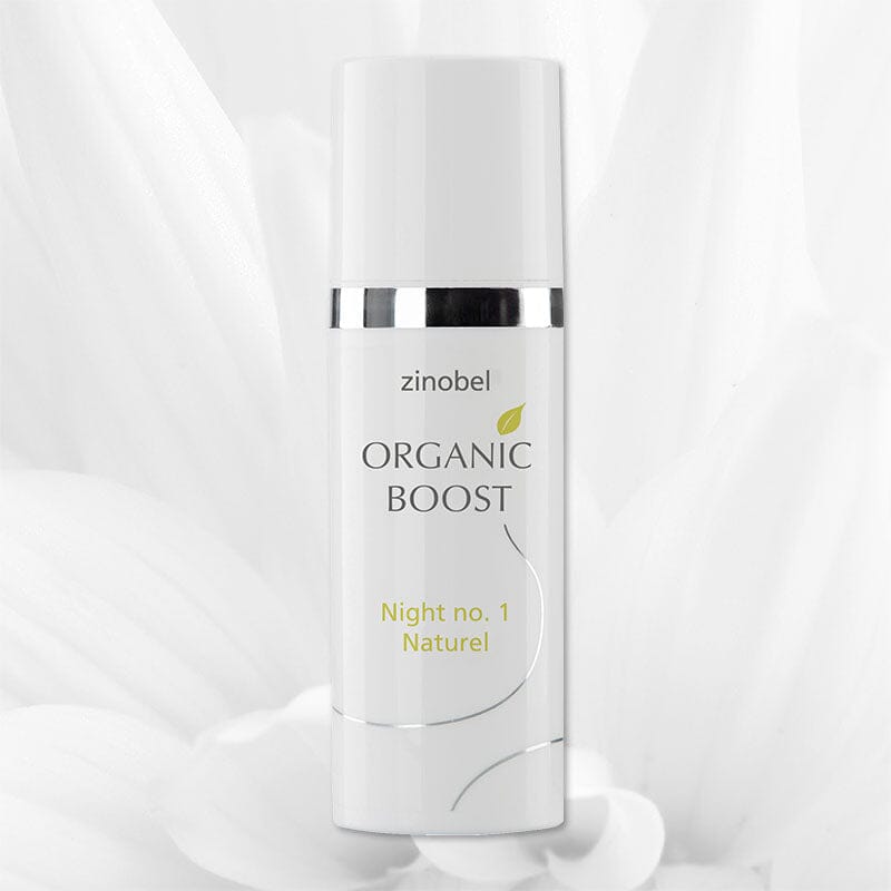 Zinobel Organic Boost Night No. 1 Naturel 50 ml hvit i plast, nærbilde av flaskens etikett