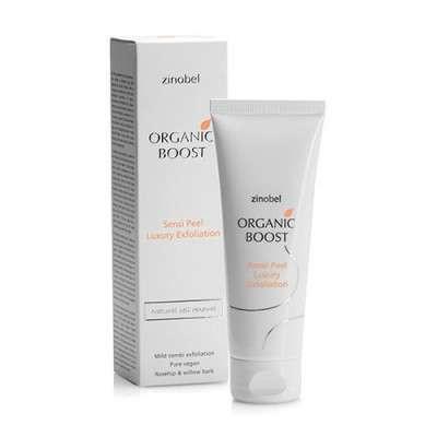 Zinobel Organic Boost Sensi Peel Luxury Exfoliation 75 ml hvit i plast, stående ved siden av esken
