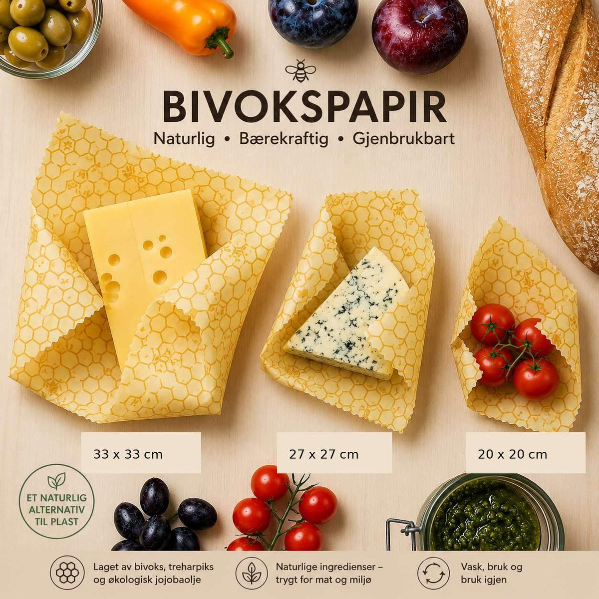 Infografikk: bivokspapir i størrelsene Large, Medium og Small som naturlig og gjenbrukbart alternativ til plast