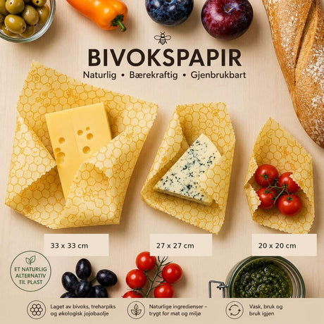 Infografikk: bivokspapir i størrelsene Large, Medium og Small som naturlig og gjenbrukbart alternativ til plast