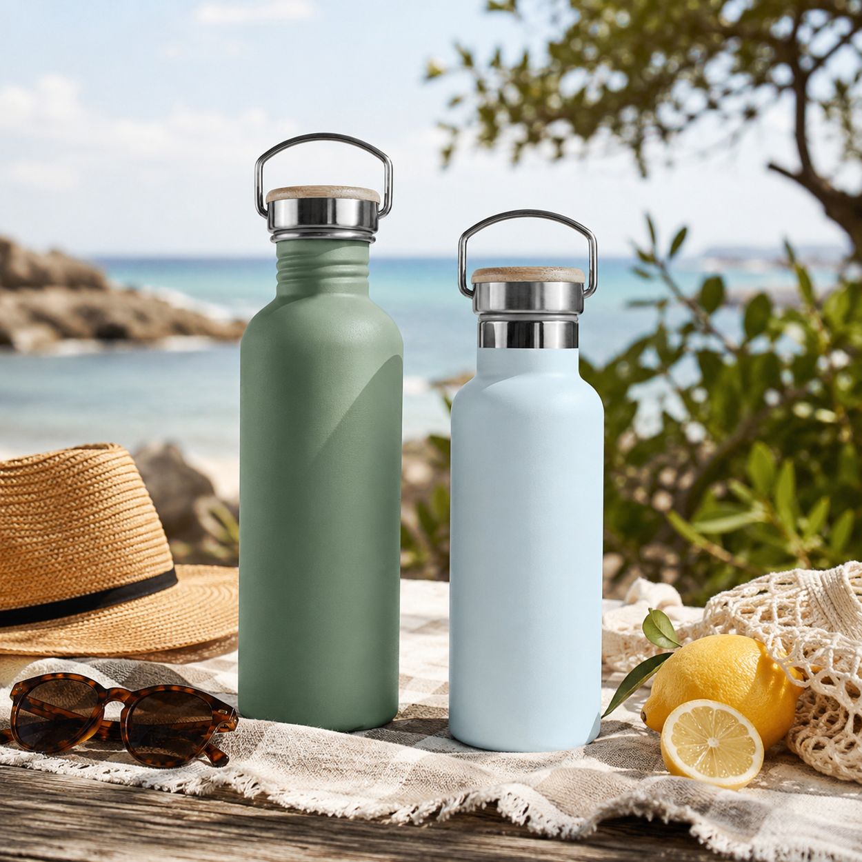 Bambaw drikkeflaske 1000 ml og isolert flaske 500 ml i sommermiljø på stranden