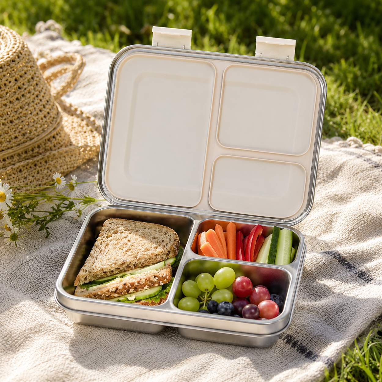 Piknik med åpen matboks med 3 rom i stål med smørbrød, grønnsaker og frukt på teppe i sommersol