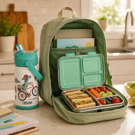 Åpen skolesekk på kjøkkenbenken med matpakke i stålmatboks og CamelBak drikkeflaske i morgenlys
